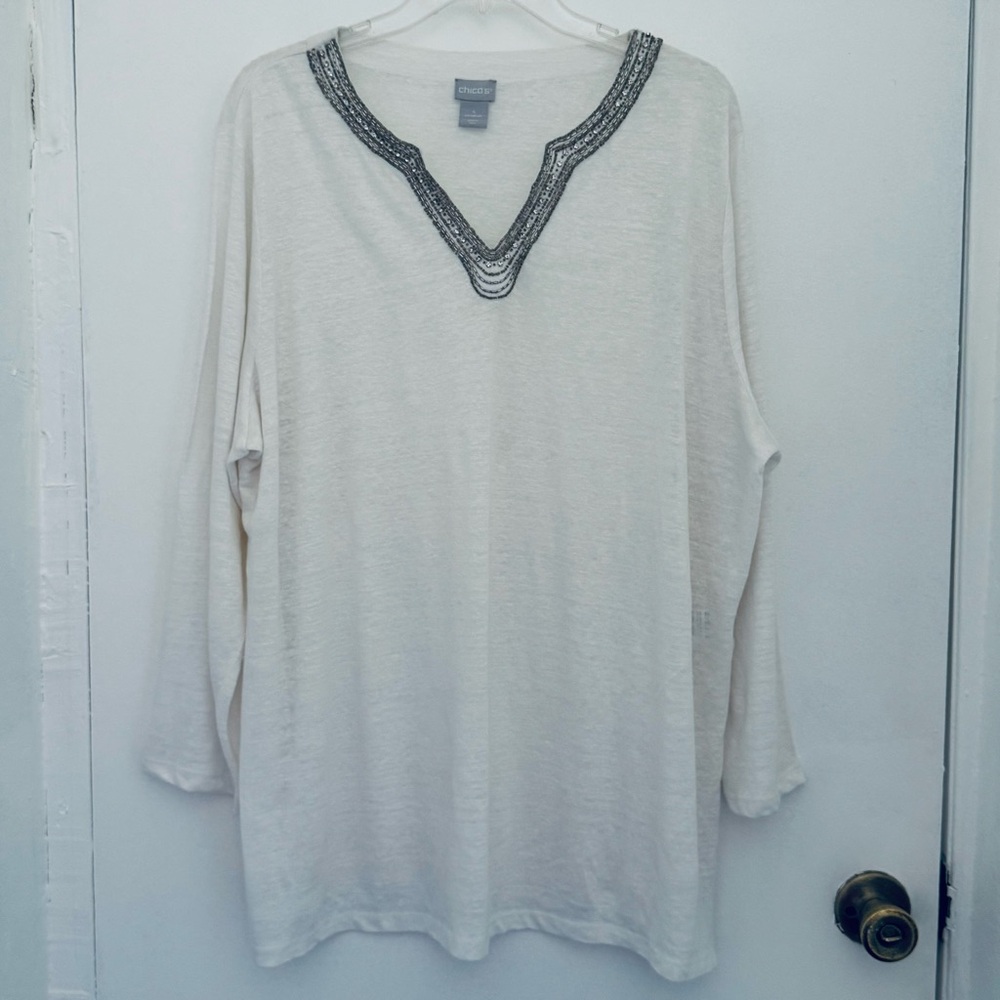 Chico's Cream Tunic with embellished Trim linen blend top business casual work